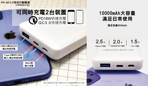 【10000mAh】PD+QC3.0 快充行動電源 （型號：C10000CA-QC）