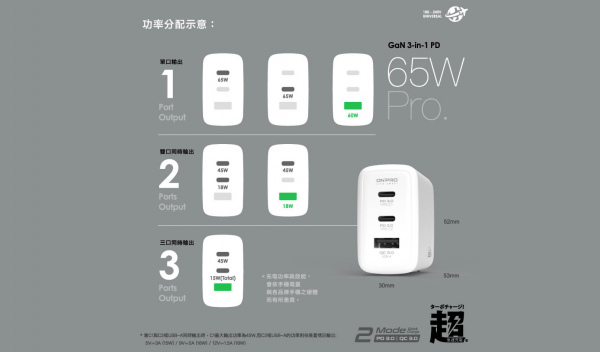 PD65W 3孔 氮化鎵GaN PD超急速充電器【Pro版】（型號：UC-GAN65W Pro）