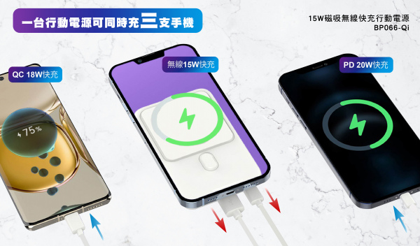 【10000mAh】15W磁吸式無線快充行動電源（型號：BP-066-Qi）