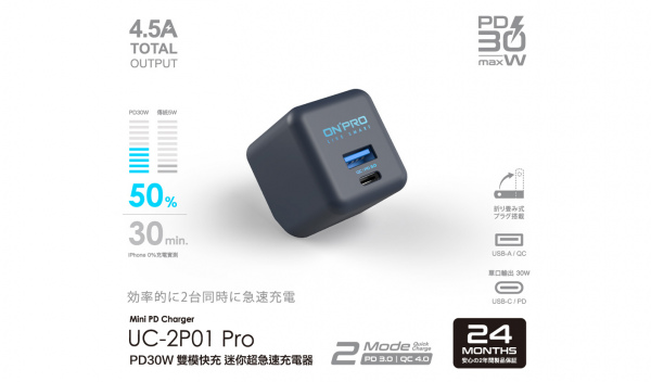 雙模快充 PD30W 超急速迷你充電器（型號：UC-2P01 Pro）